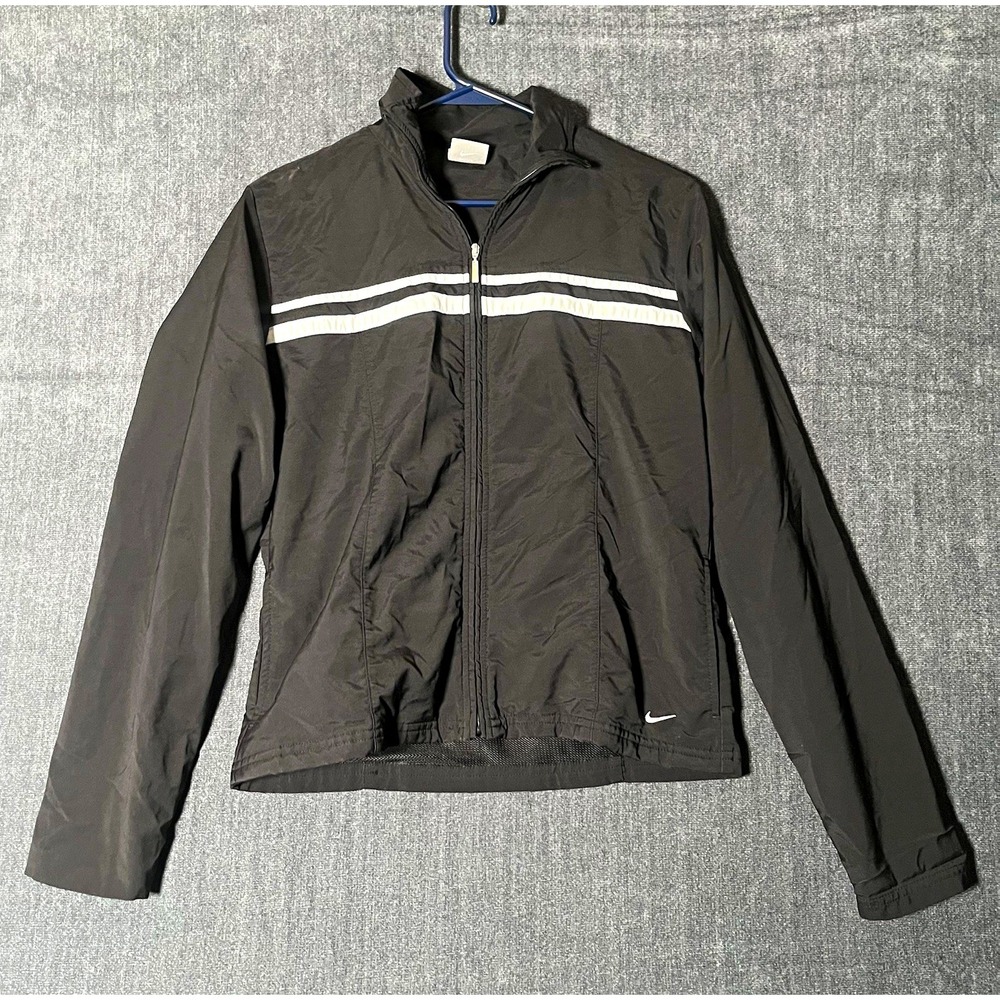 Nike Womens Track Jacket Medium Black White Stripe Full Zip Windbreaker